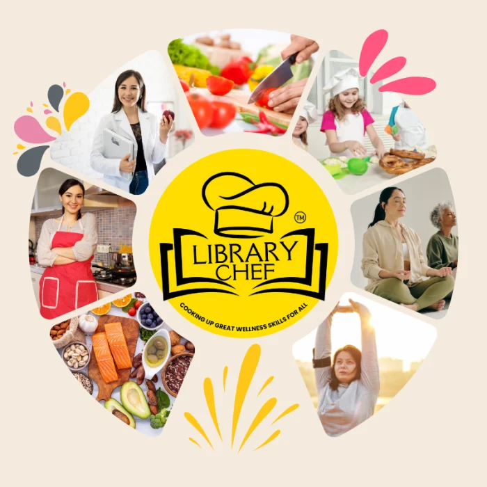 Library Chef logo surrounded by photos of chefs, kids cooking, fresh food and yoga